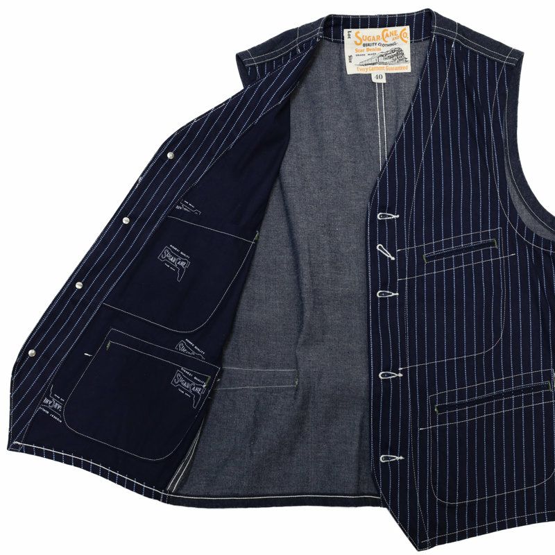 シュガーケーン　カバートストライプ　エンジニアベスト　M SUGAR CANE 【再入荷】シュガーケーン ベスト 9oz. ウォバッシュ